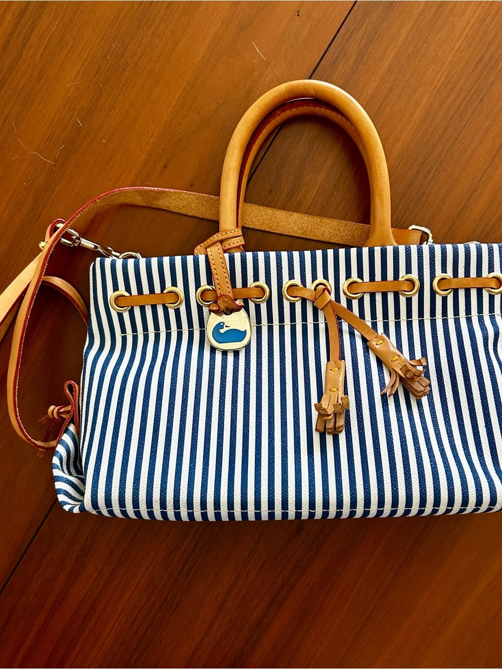 Dooney & Bourke Vintage Striped Navy and White Canvas Tote with Tan Leather Trim - Picture 3 of 10
